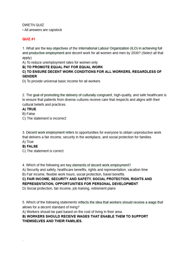 ILO Decent Work and Labor Quiz Guide | PDF | Cost Of Living | Employment