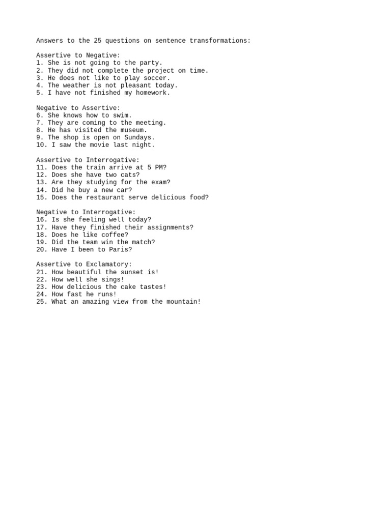 Sentence Transformation Answers | PDF