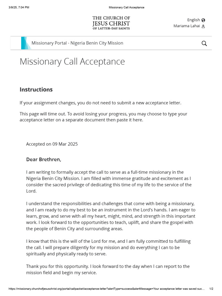 Missionary Call Acceptance Letter | PDF