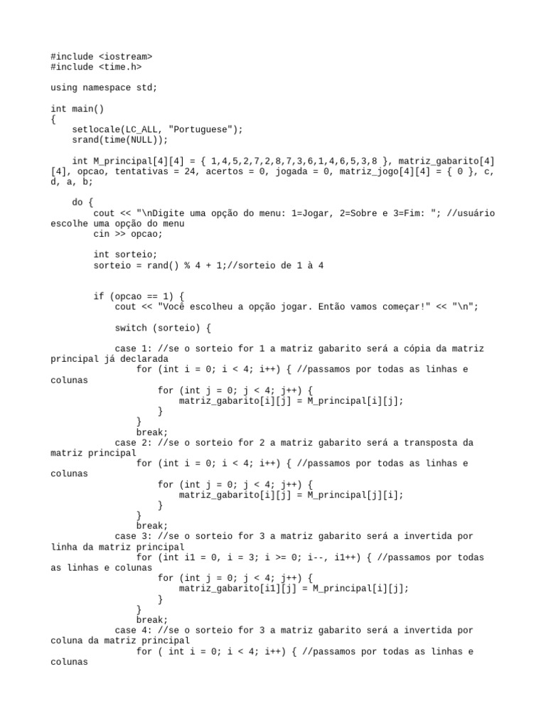 Jogo de Memória em C++ com Matrizes | PDF