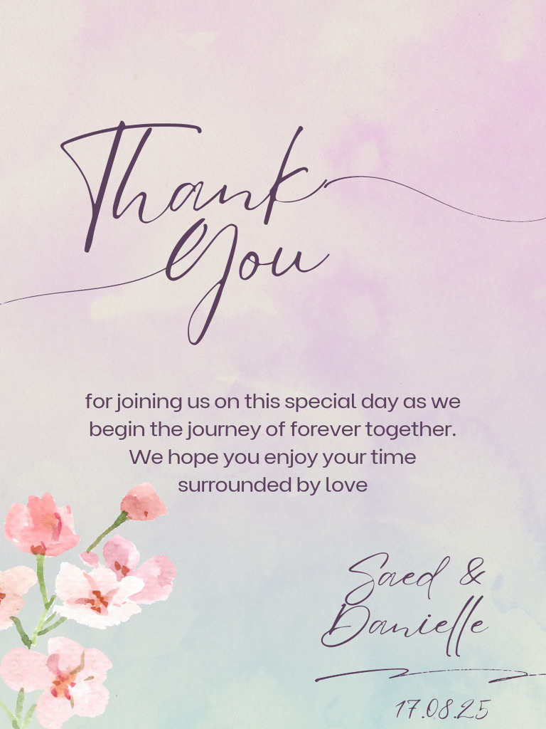 Pink Floral Watercolor Illustration Wedding Thank You Card | PDF