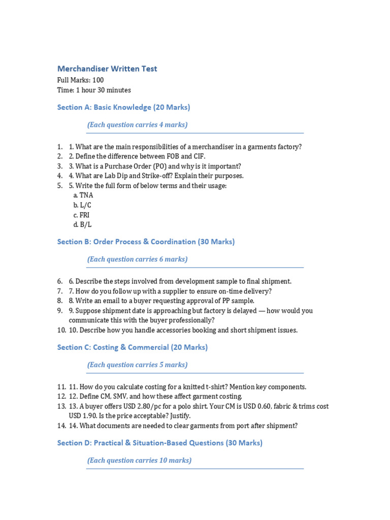 Merchandiser Exam Questions and Answers | PDF