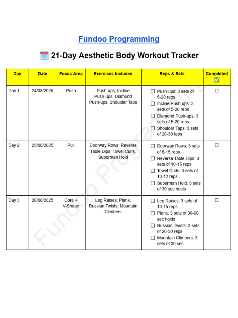 21-Day Aesthetic Workout Plan PDF | PDF | Human Body | Sports Science