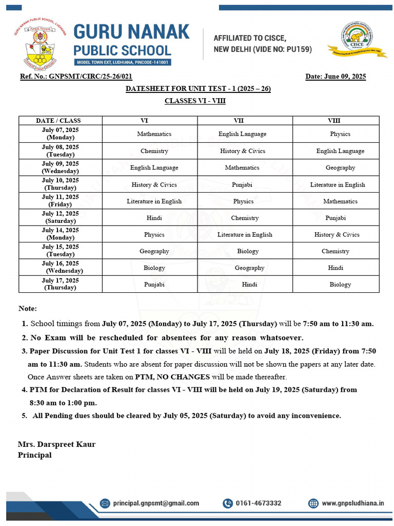 Datesheet For July Unit Test 1 For Classes Vi Viii | PDF