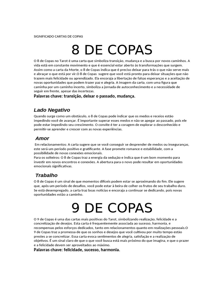 Significado das Cartas de Copas no Tarot | PDF | Amor | Felicidade