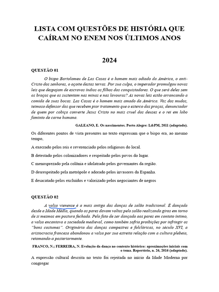 Questões de História do ENEM: Análise 2024 | PDF | Império Inca ...