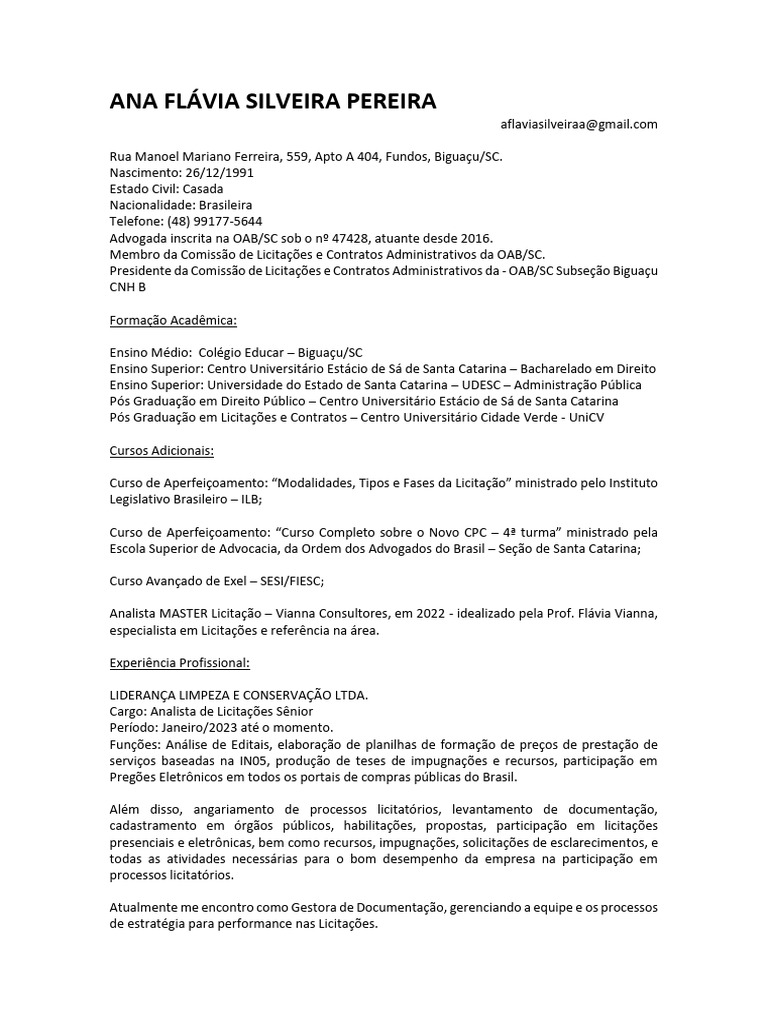 Perfil Profissional de Ana Flávia Silveira | PDF | Advogado | Pós-graduação