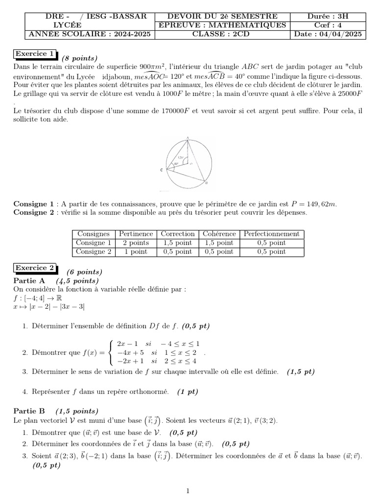 Exercice de mathématiques 2CD 2024-2025 | PDF | Base (algèbre linéaire ...