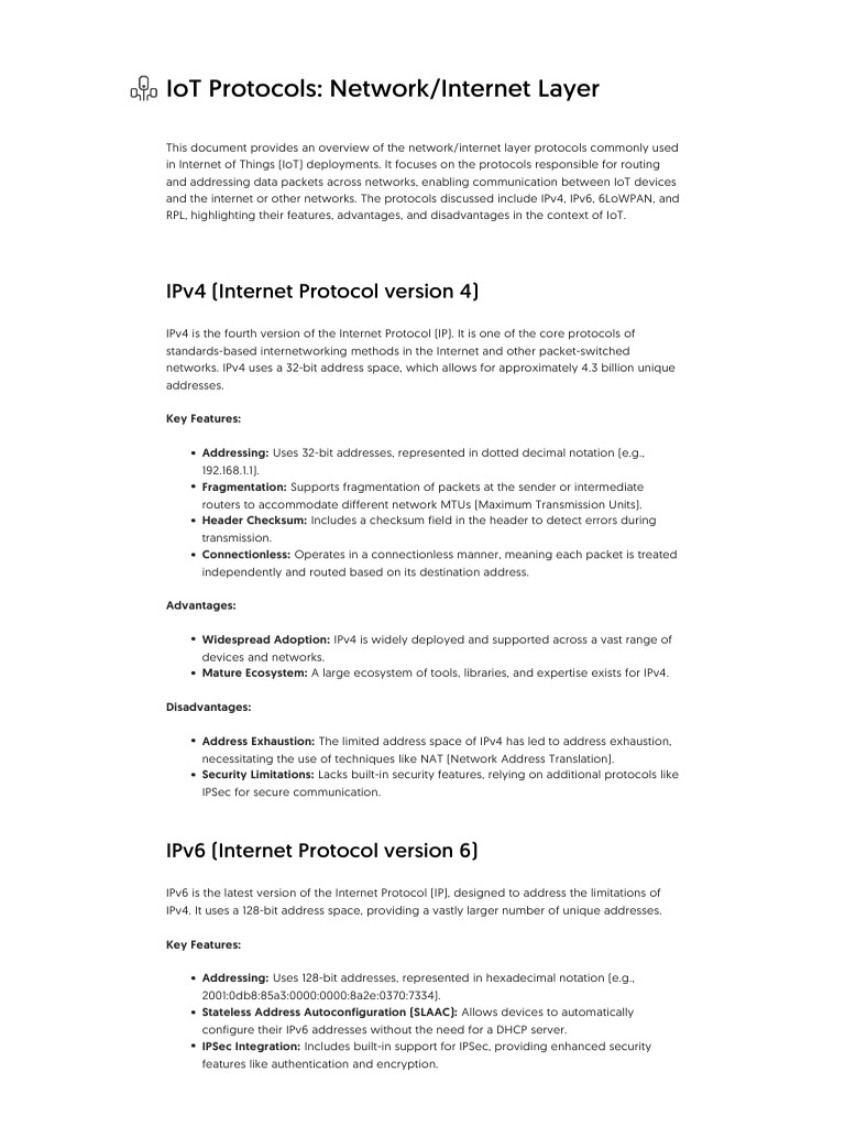 IoT Network Layer Protocols Overview | PDF | I Pv6 | Internet Protocols