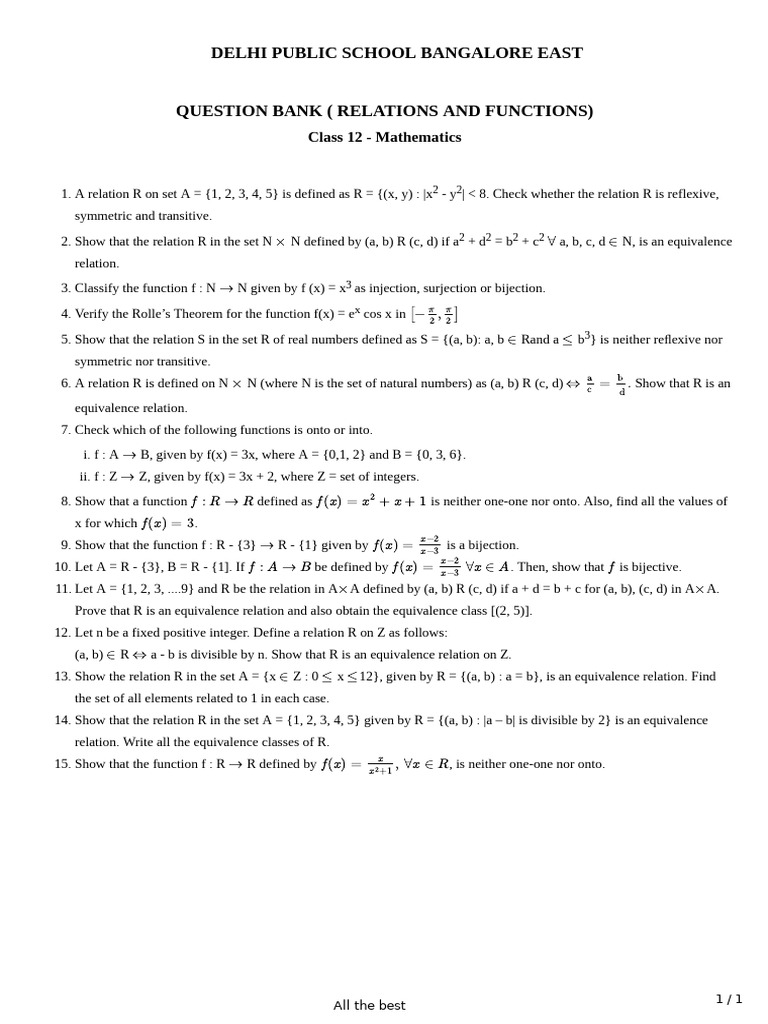 Class 12 Math Question Bank: Relations & Functions | PDF | Mathematical ...