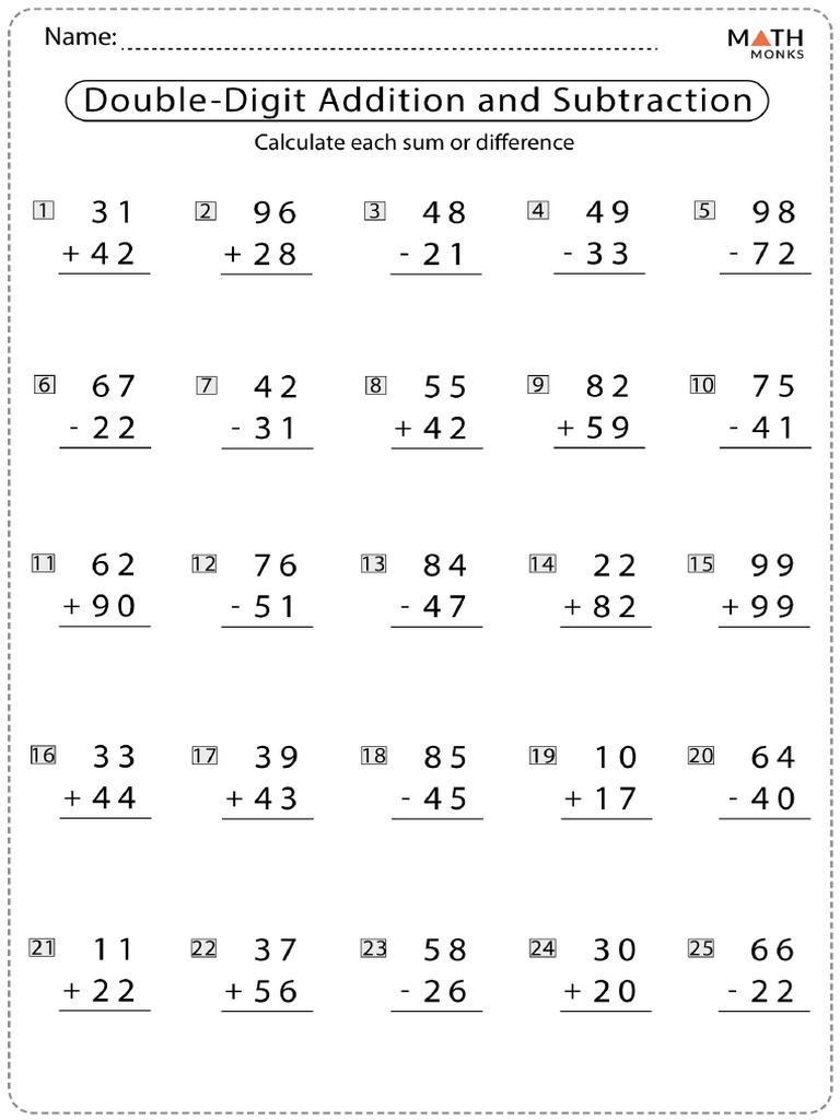 Math Double Digit Addition and Subtraction Worksheets | PDF