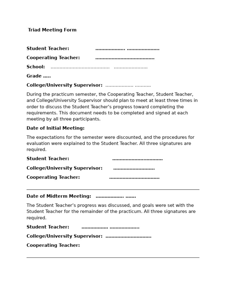 Triad Meeting Form for Student Teachers | PDF