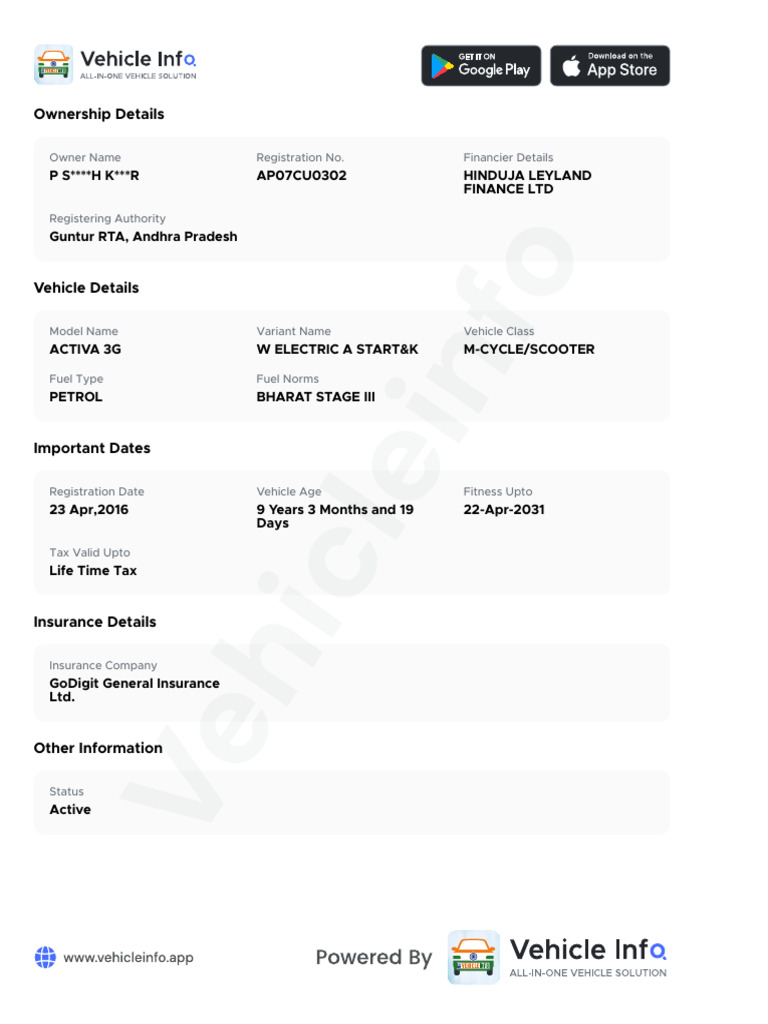 Ownership Details: Owner Name Registration No. Financier Details | PDF