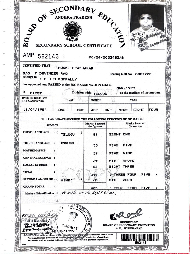 SSC 10th Class Certificate of Thunki Prabhakar | PDF | Secondary ...