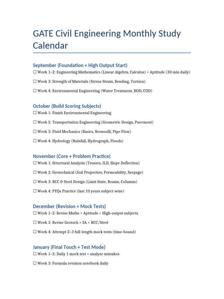 GATE Civil Monthly Calendar | PDF