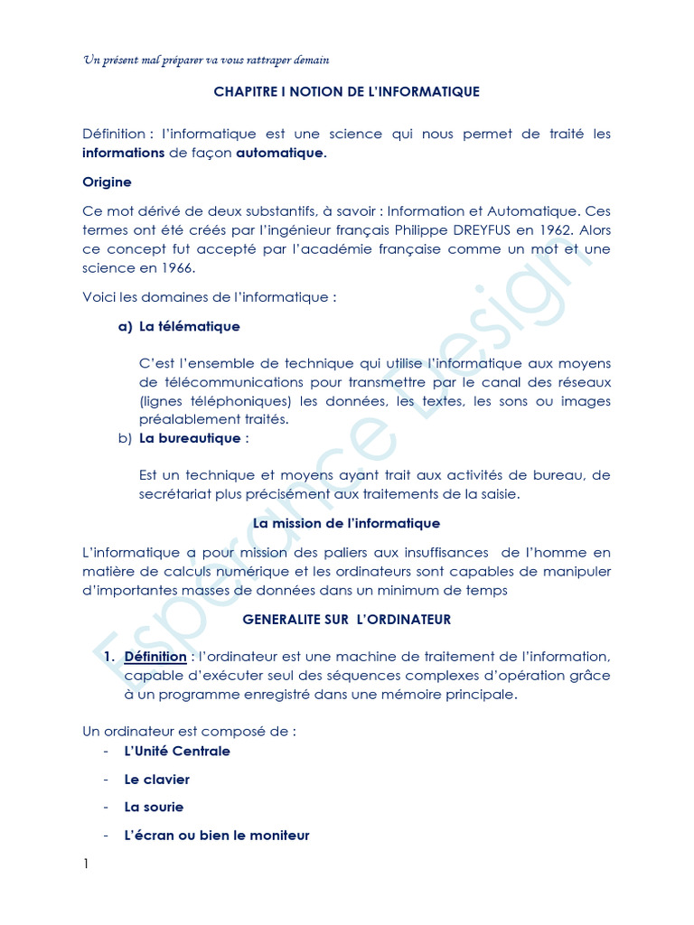 Introduction à l'informatique et l'ordinateur | PDF | Mémoire ...