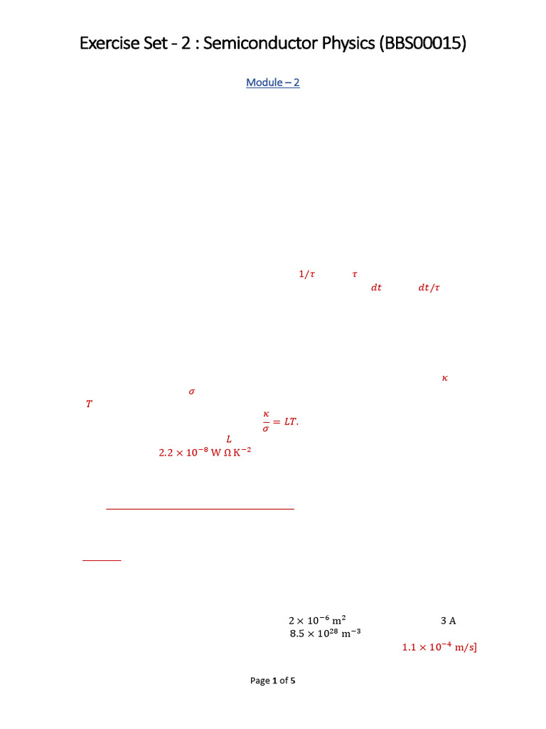 Semiconductor Physics Exercise Set 2 | PDF | Electrical Resistivity And ...