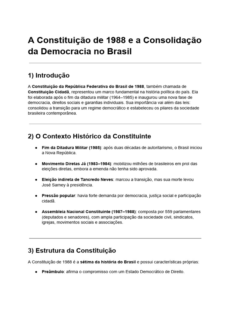 Constituição de 1988: Marco da Democracia Brasileira | PDF | Democracia ...