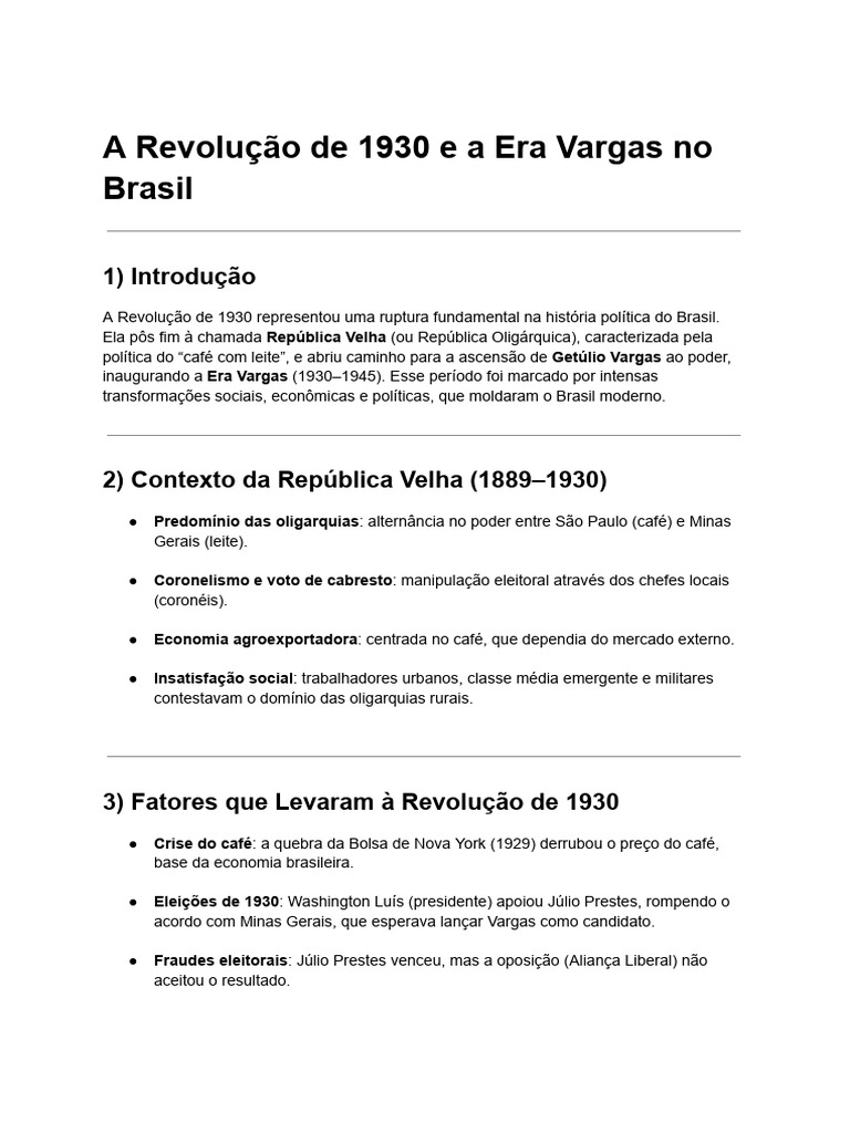 Revolução de 1930 e Era Vargas no Brasil | PDF | Ciência Política | Brasil