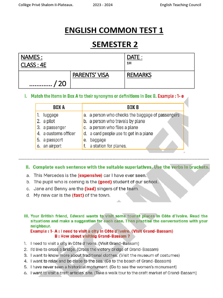 English Common Test 1 4e | PDF