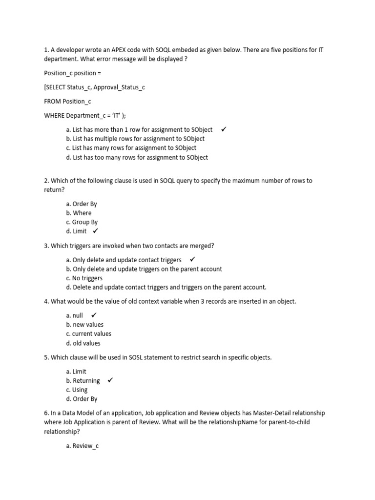 Apex SOQL and Trigger Quiz Questions | PDF | Computer Programming ...