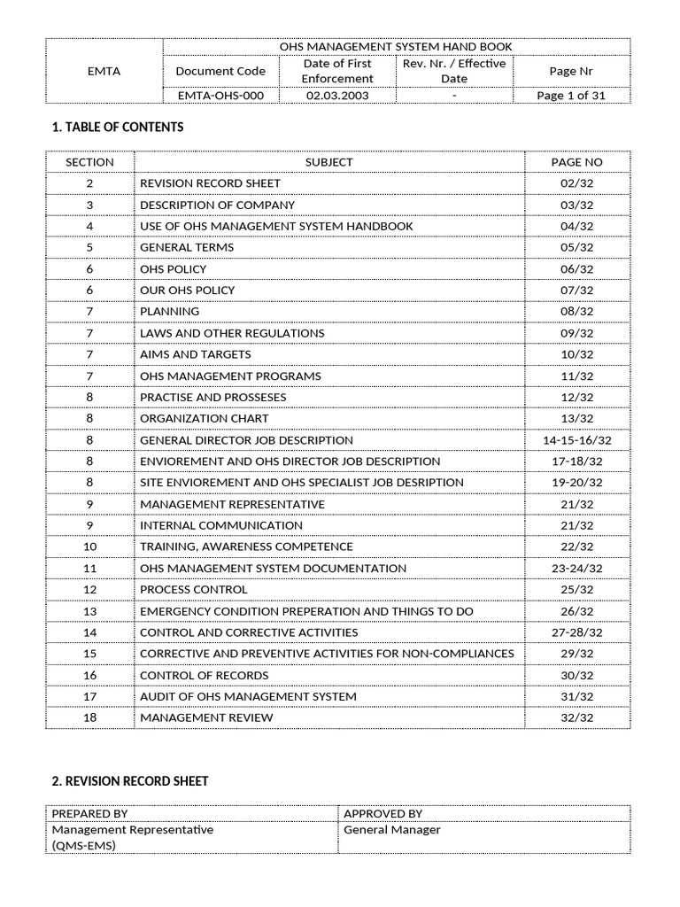EMTA OHS Management System Handbook | PDF | Occupational Safety And ...