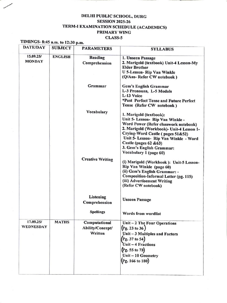 DPS Durg Class 5 Term 1 Exam Schedule | PDF | Linguistics | Languages