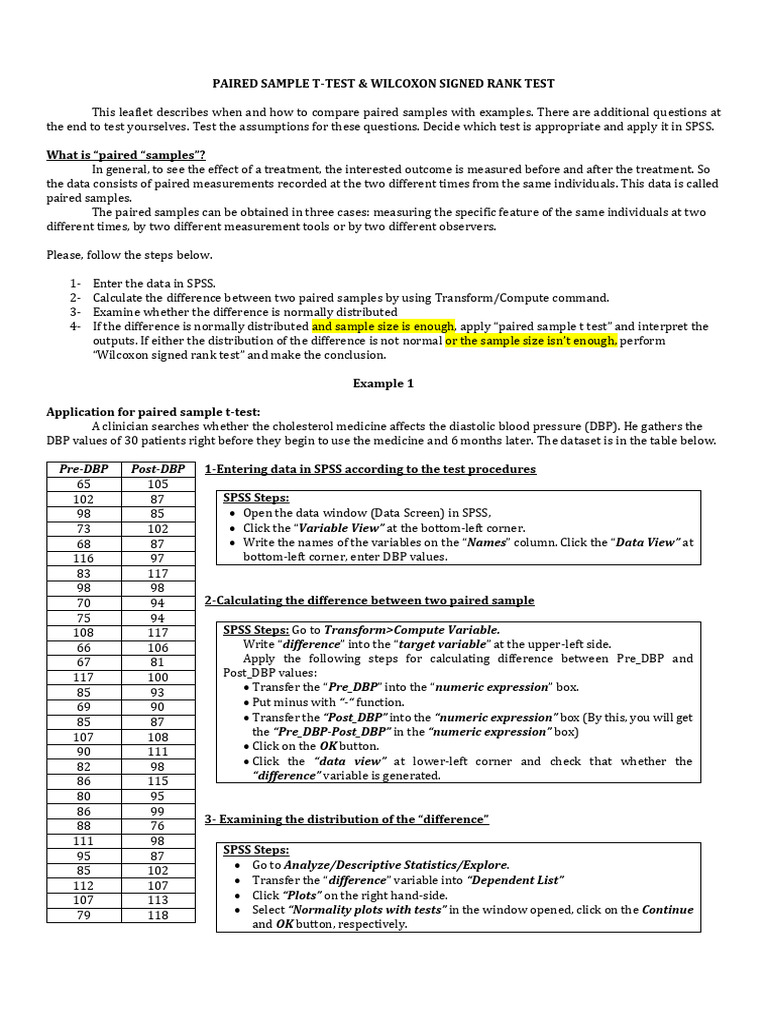 Paired Sample T-Test & Wilcoxon Test Guide | PDF | Student's T Test | Spss