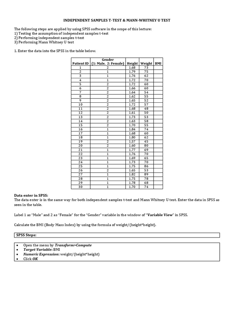 SPSS T-Test and Mann-Whitney Guide | PDF | Student's T Test | Variance