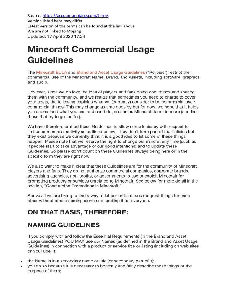 Minecraft Commercial Use Guidelines | PDF | Minecraft | Advertising