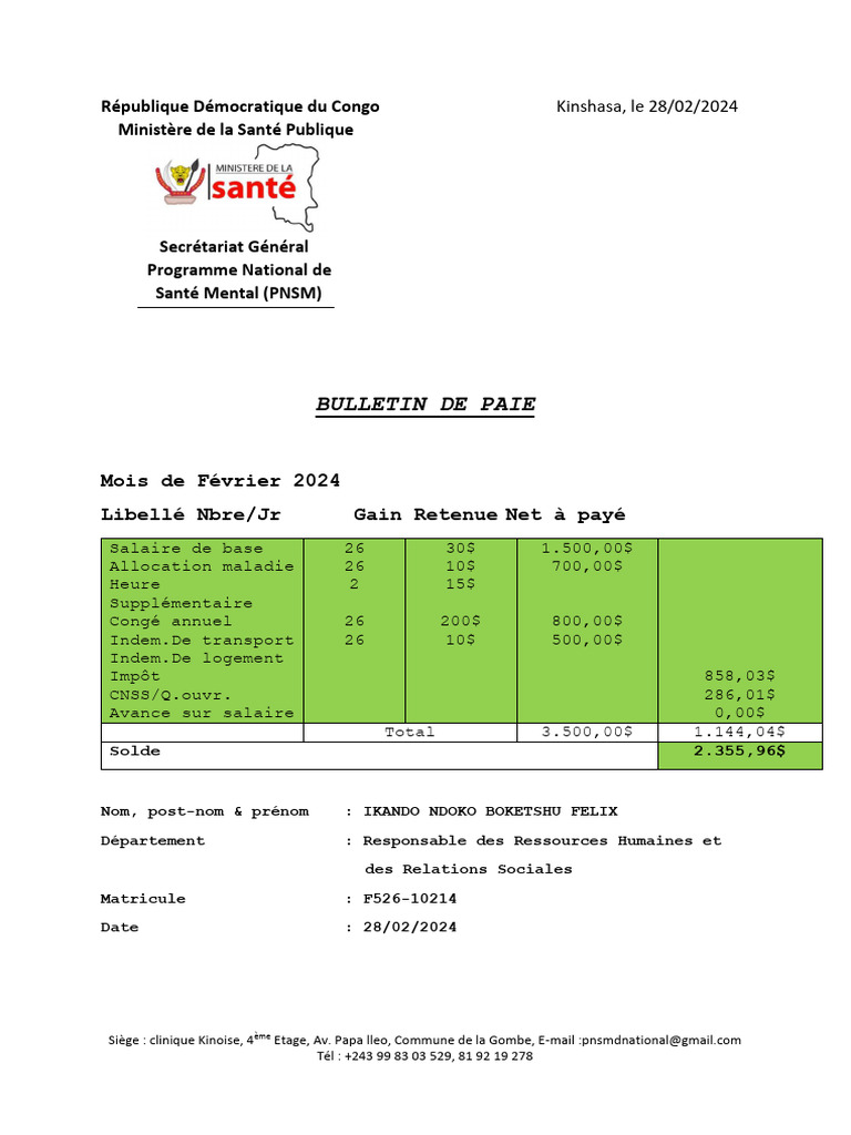 Bulletin de Paie - PNSM RDC 2024 | PDF | Kinshasa | Bulletin de salaire ...