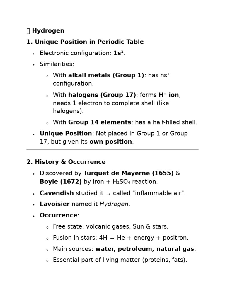 Hydrogen Chap Notes | PDF | Hydrogen | Water