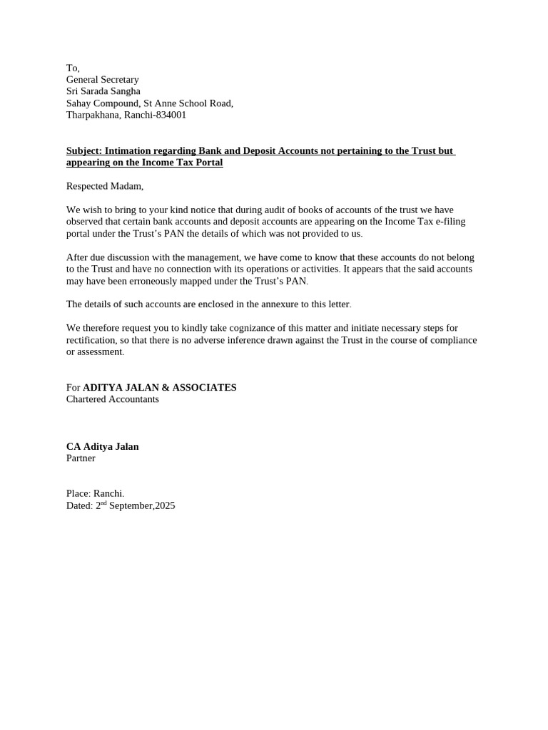 Letter To Secretary | PDF | Personal Finance | Banking
