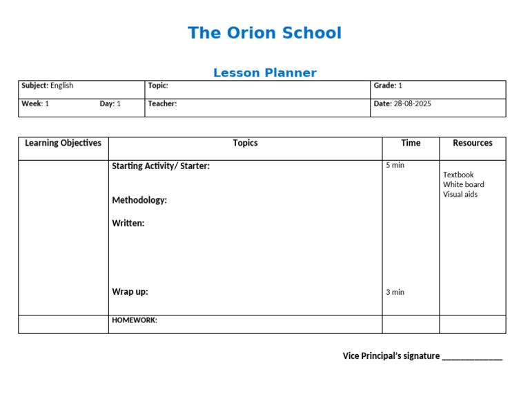 Grade 1 English Lesson Plan Week 1 | PDF