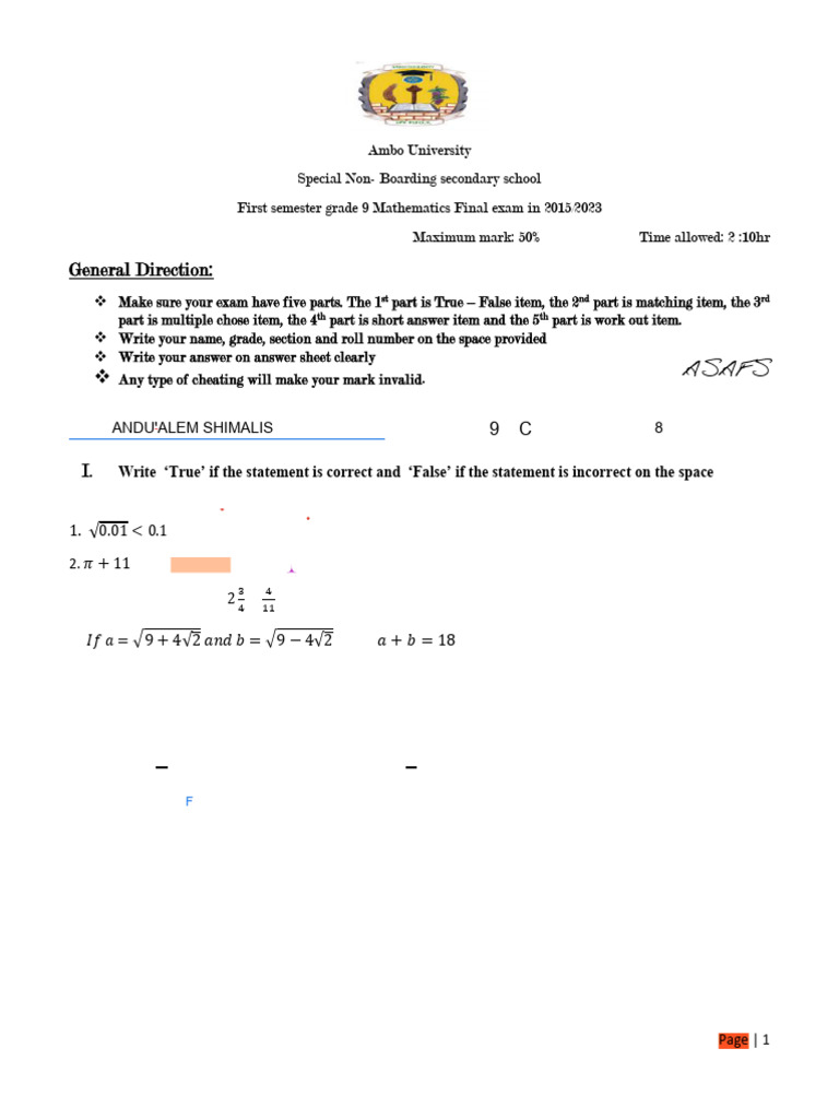 Grade 9 Math Final Exam 2015/2023 | PDF | Mathematics | Tests