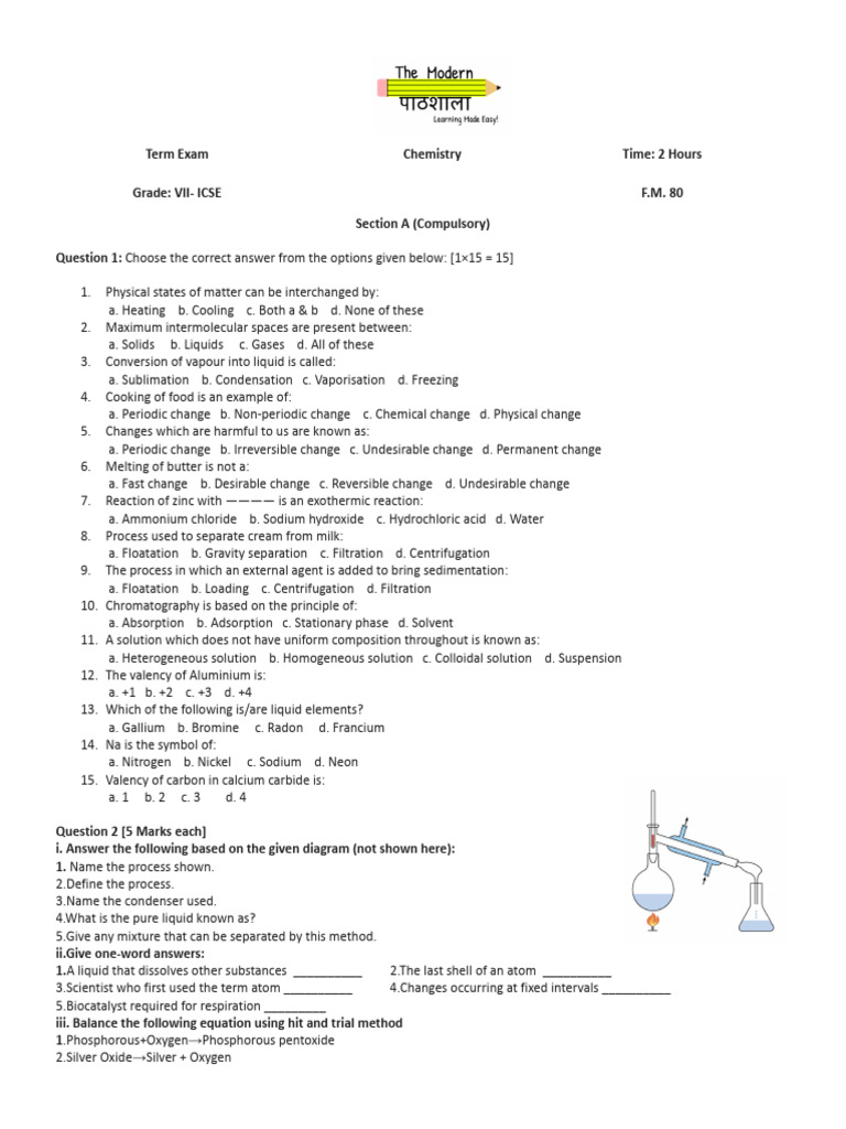 Chemistry Term Exam for Grade VII ICSE | PDF | Chemistry | Chemical ...