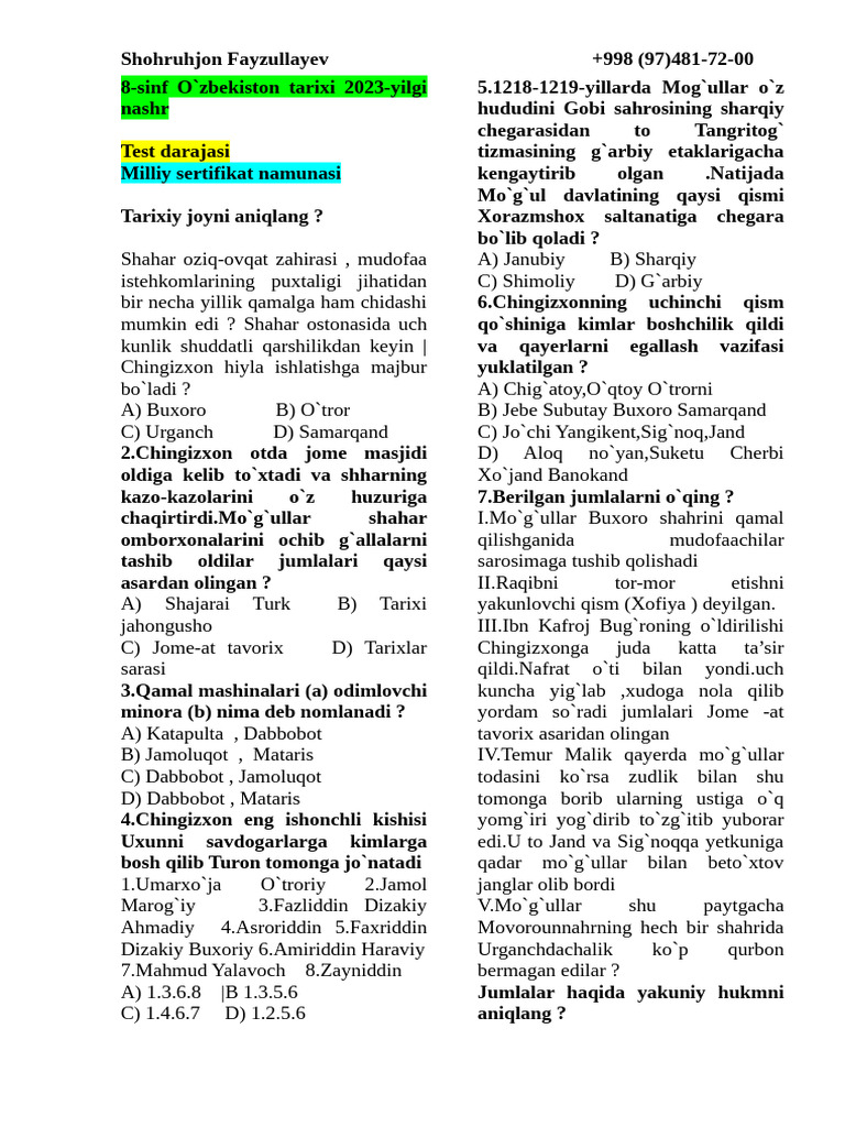 8 Sinf O'zbekiston Tarixi 2023 Yilgi Nashr Murakkab Test Tayyor | PDF