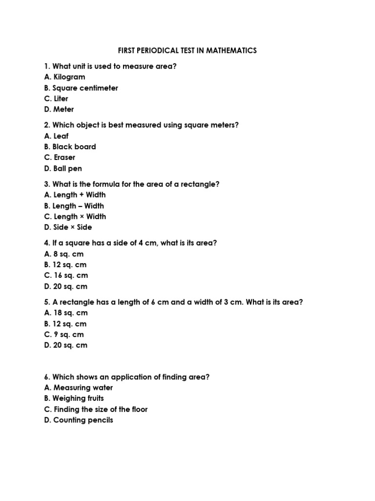 First Periodical Math Test Questions | PDF | Length | Area