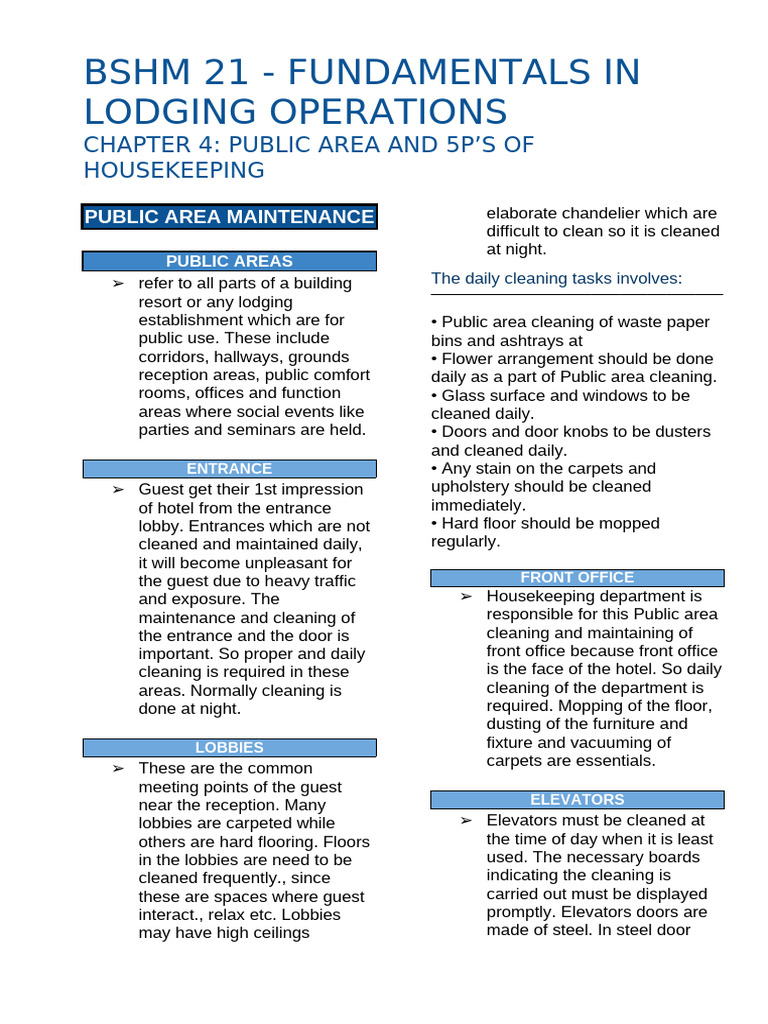 Public Area Maintenance in Lodging | PDF | Housekeeping