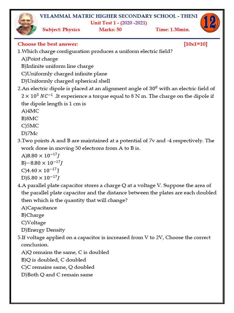 Physics Unit Test 1 - Velammal School | PDF | Capacitance | Capacitor