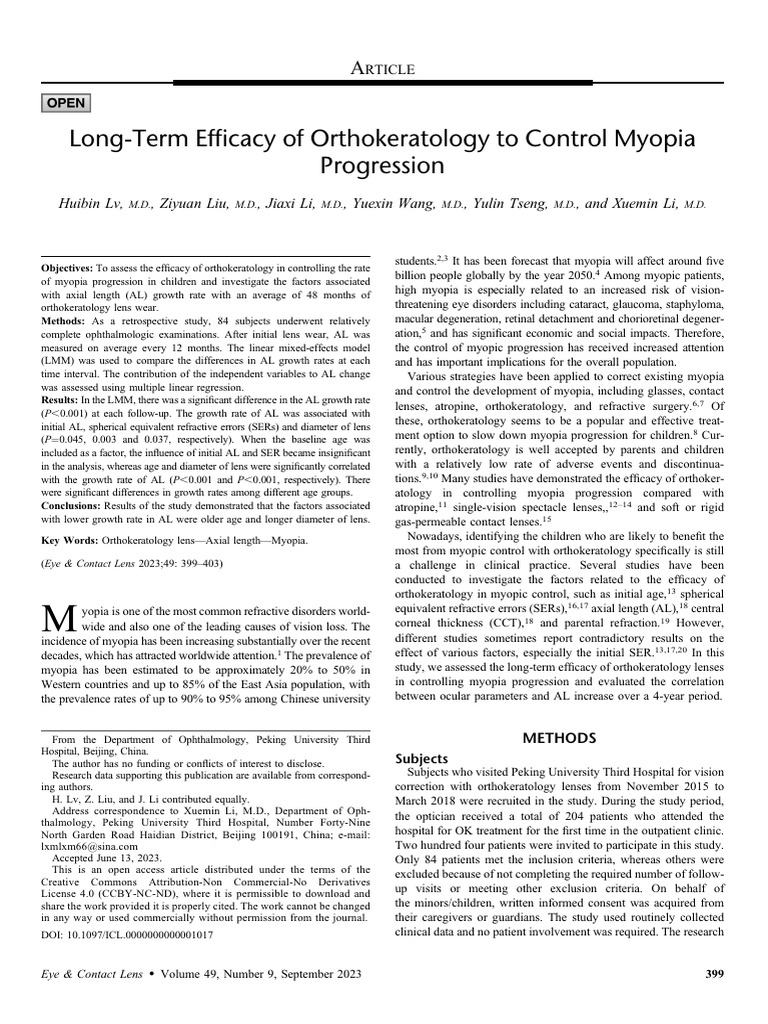 Efficacy of Orthokeratology in Myopia Control | PDF | Myopia | Eye
