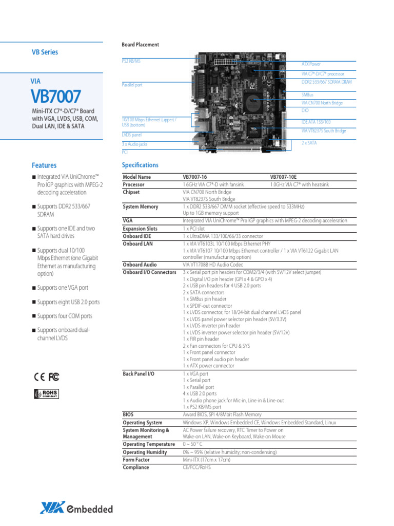 VIA VB7007 Mini-ITX Board Specs | PDF | Usb | Personal Computers
