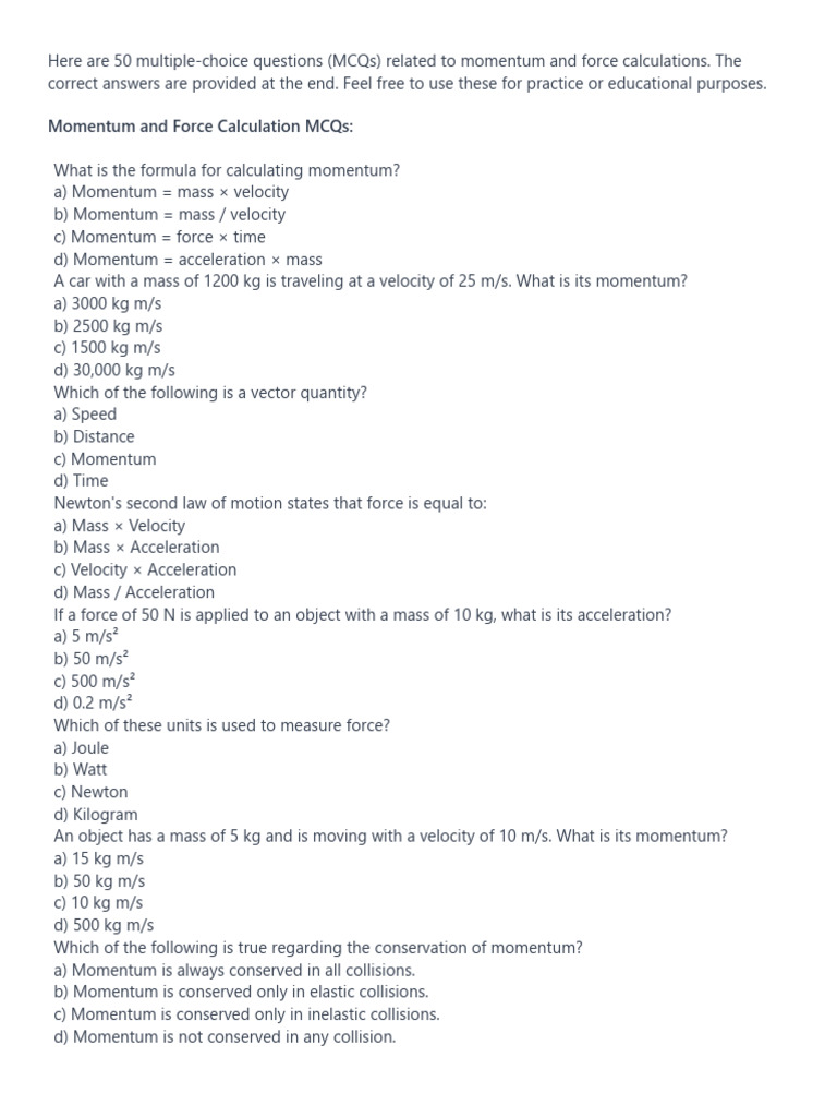 50 MCQs on Momentum and Force Calculations | PDF | Force | Momentum