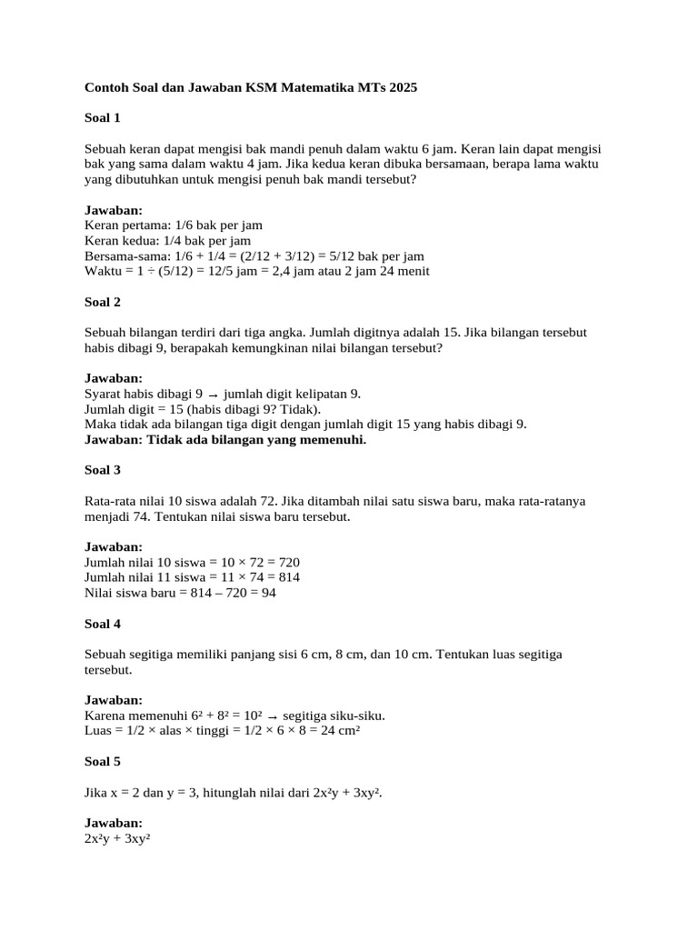Contoh Soal KSM Matematika MTs 2025 | PDF