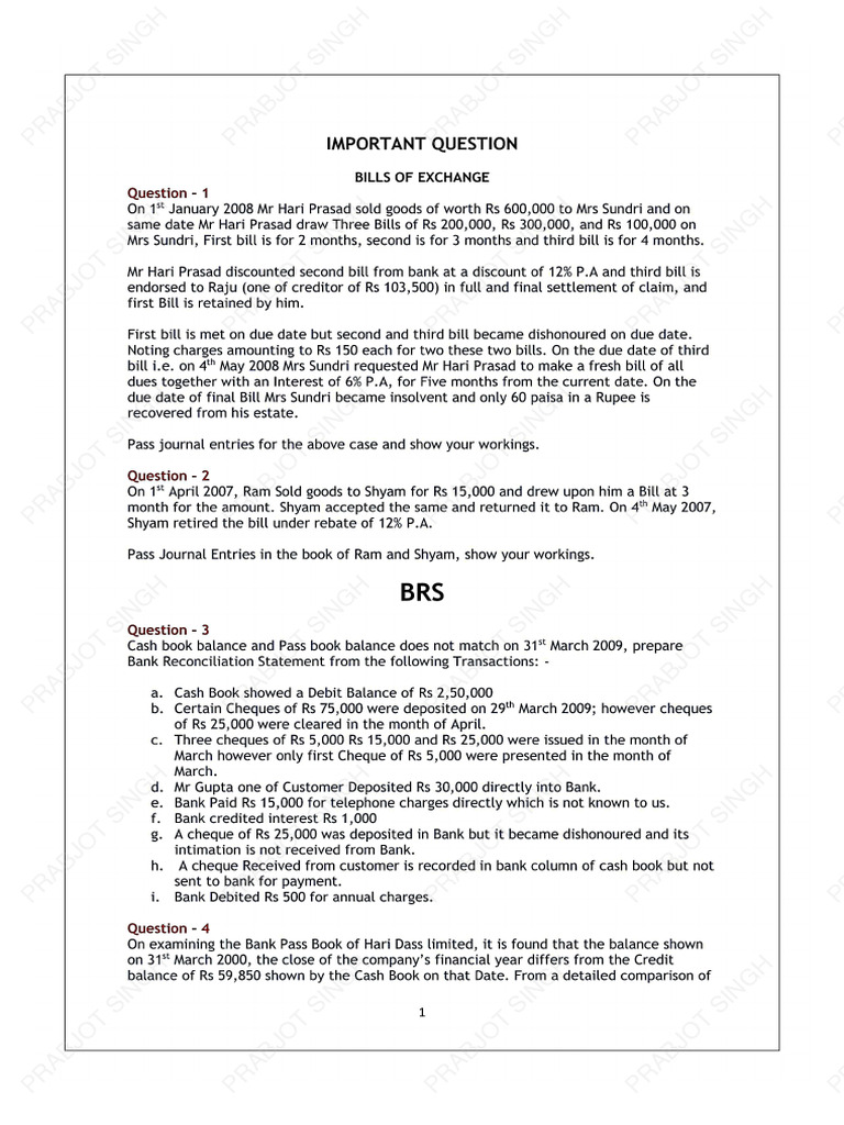 Important Questions of BRS, Boe, Reactification of Errors & Inventory | PDF
