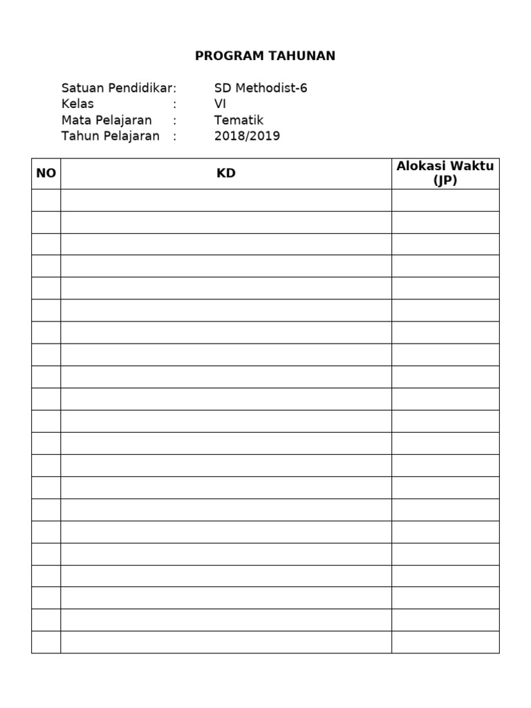 Program Tahunan Tematik SD VI 2018/2019 | PDF