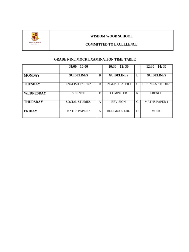 G 9 Holiday Mock Time Table 2025 Final Draft | PDF