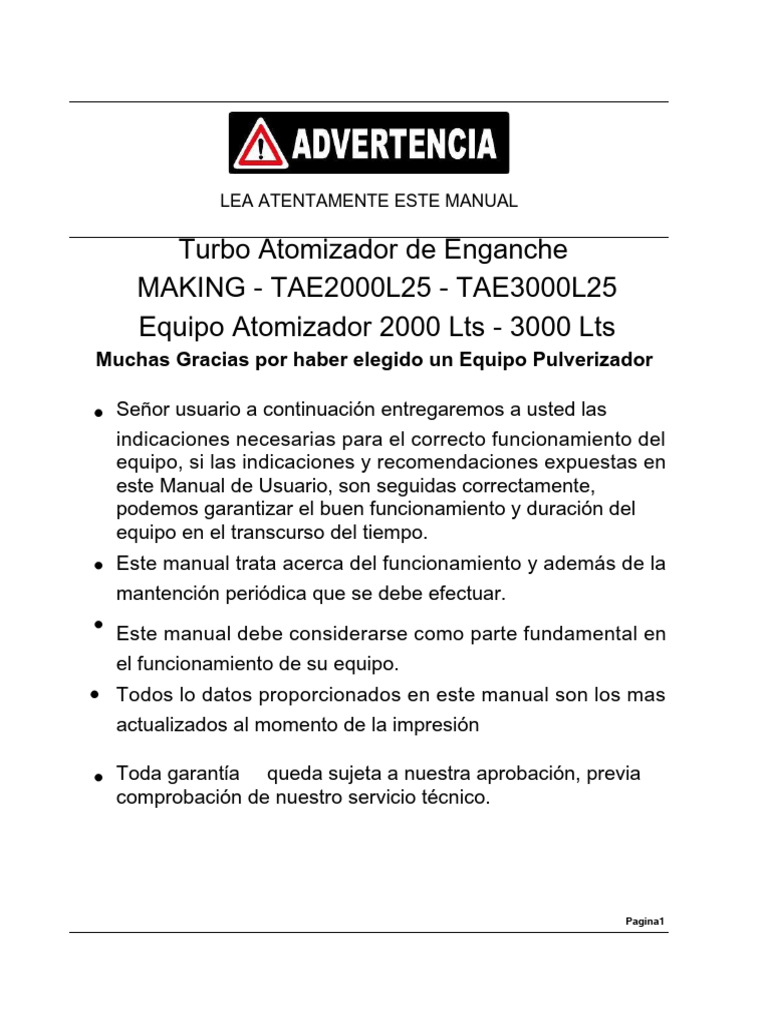 Manual de Uso para Turbo Atomizador TAE2000L25/Tae3000L25 | PDF | Bomba ...
