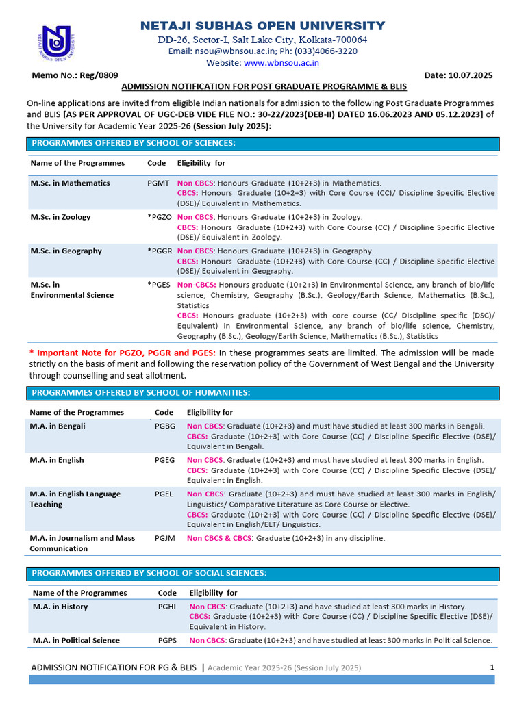 NSOU PG Admission Notice Session July 2025 | PDF | Postgraduate ...