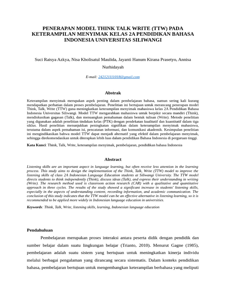 Penerapan Model Think Talk Write (TTW) | PDF